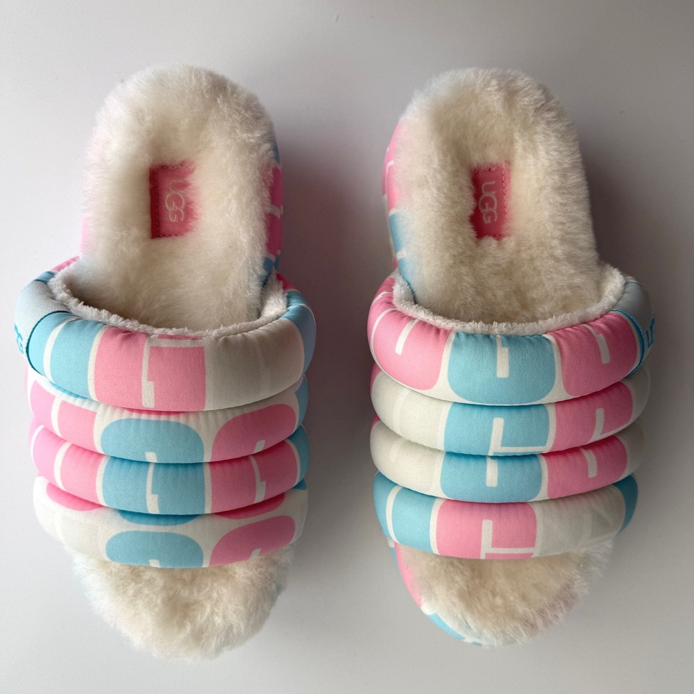 Ugg EUC Maxi Pride Slide Puff Blue Pink Platform White Lug Sole Sandal Slipper 6